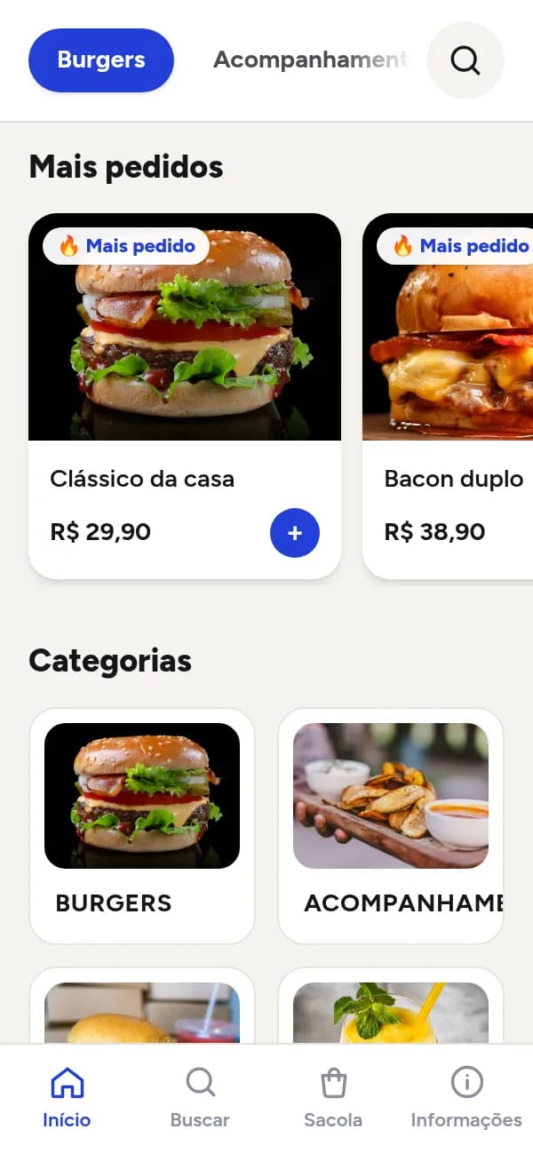 Cardápio digital de hamburgueria aberto no celular, feito na OiComanda