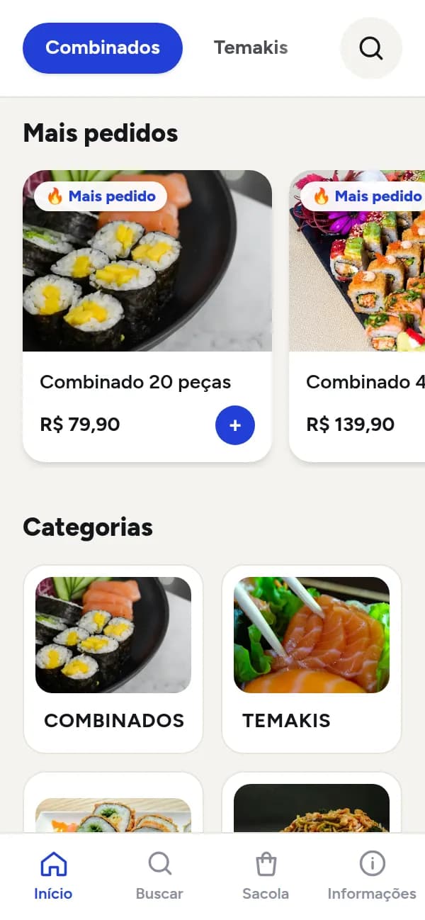 Cardápio digital de japonês aberto no celular, feito na OiComanda