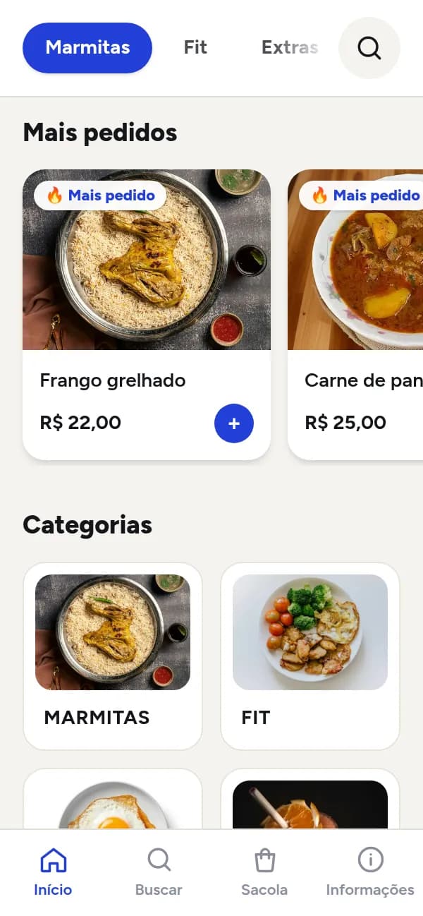 Cardápio digital de marmitaria aberto no celular, feito na OiComanda