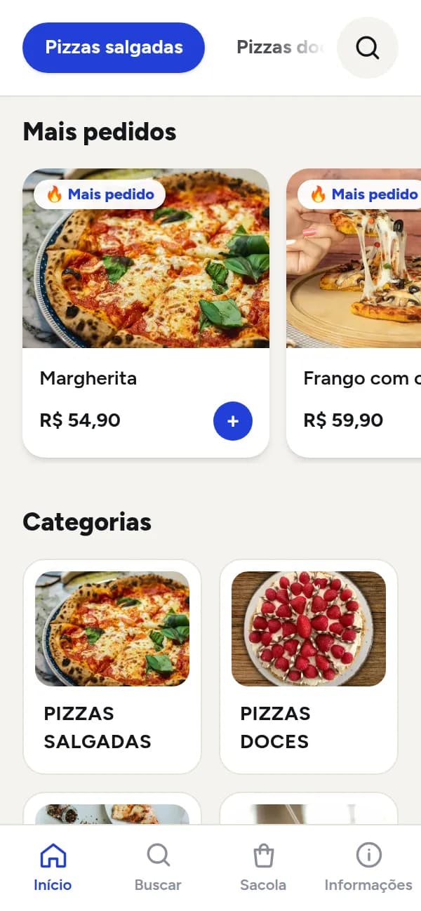 Cardápio digital de pizzaria aberto no celular, feito na OiComanda